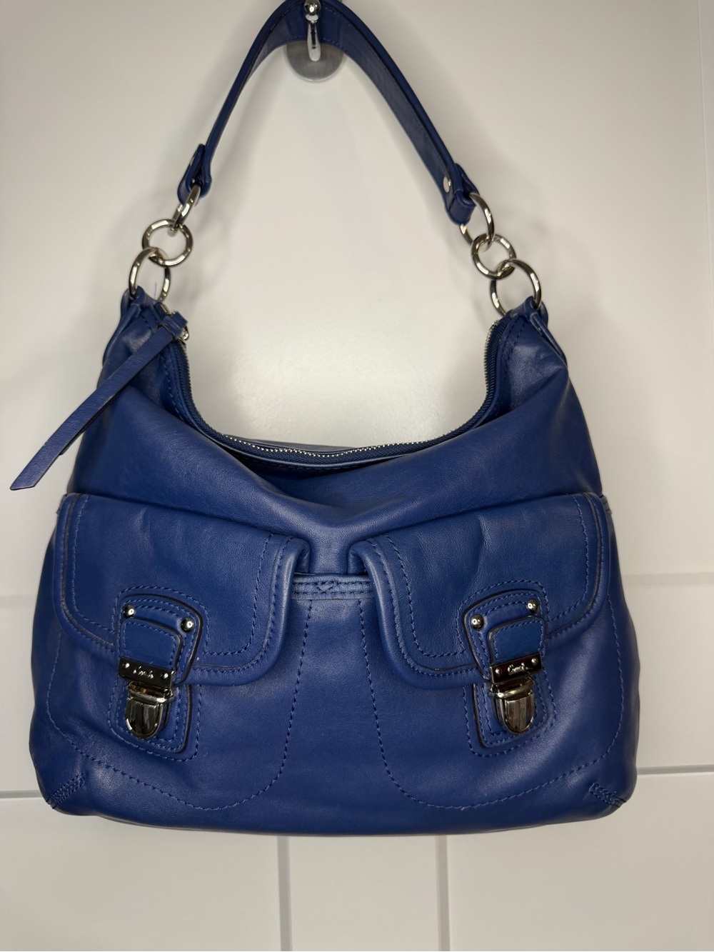 Coach Kristin Navy Cobalt Blue Leather Hobo Bag F23681 Push Lock Pockets - Picture 13 of 16